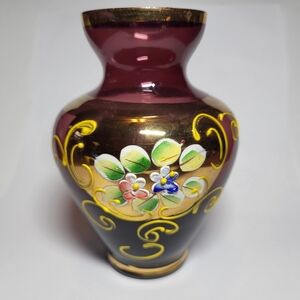 Norleans, Vintage, Amethyst Glass Vase with Hand-Painted Flowers And Gold Gilt